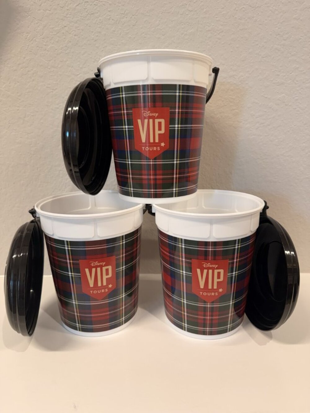 Disney World VIP Tours Plaid Popcorn Buckets with Lids Set of 3 Exclusive